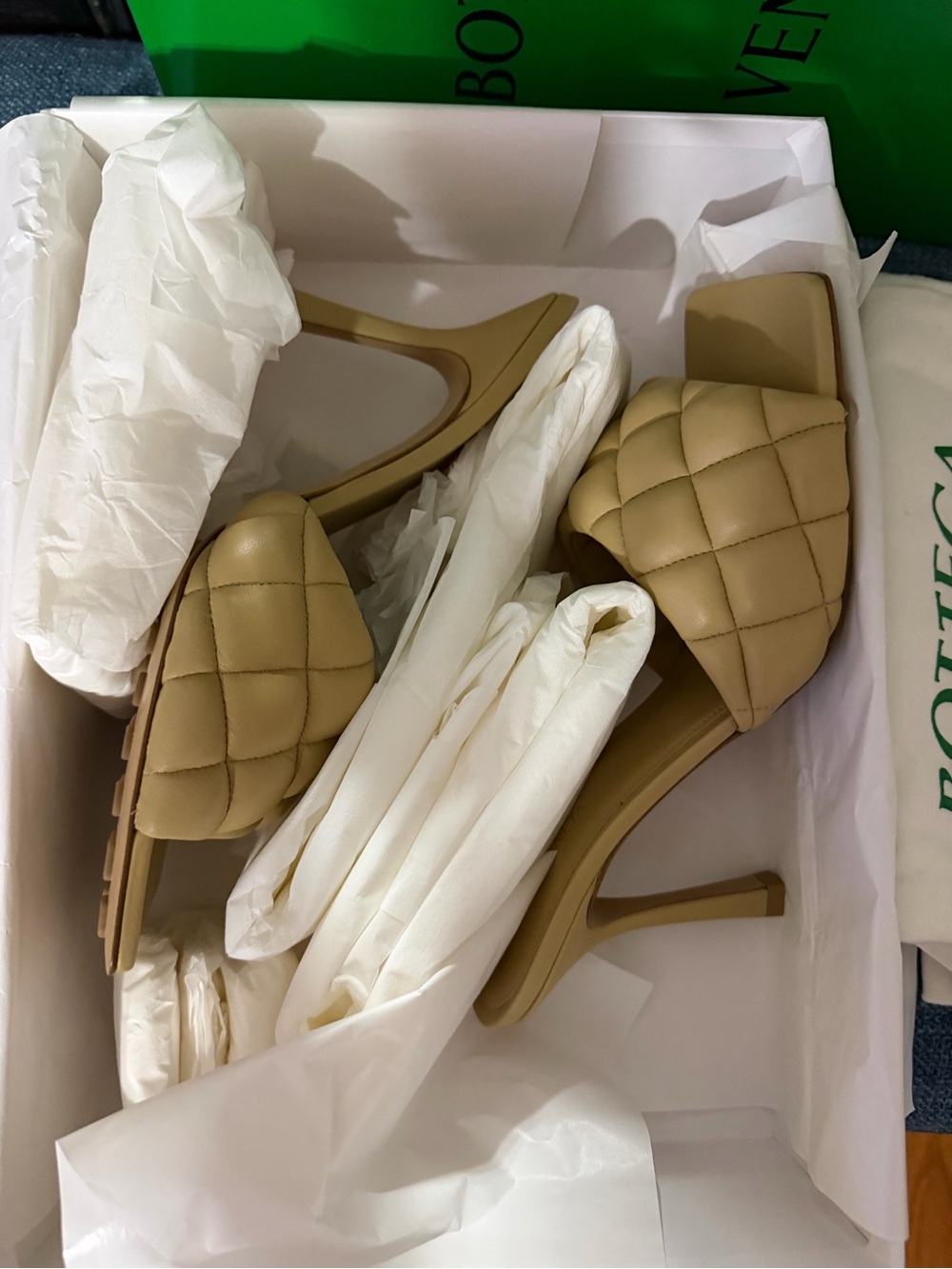 Bottega Veneta Tan Quilted Leather Slide Stiletto Heels